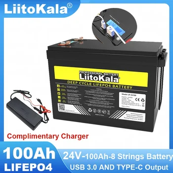 LiitoKala 24V/25.6v 100AH LiFePO4 ličio baterija USB3.0 C tipo išvestis inverteriui Automobilių žiebtuvėlių akumuliatoriai 29.2V įkroviklis neapmokestinamas
