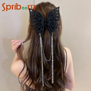 Long Kutsel Butterfly plaukų segtukai moterims Galvos apdangalo temperamentas Elegantiškas plaukų segtukas Juodas griebtuvo spaustukas Elegantiški prancūziški plaukų aksesuarai