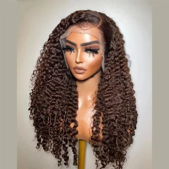 Long Soft 180%Density 26Inch Brown Kinky Garbanotas nėrinių priekinis perukas juodaodėms moterims Babyhair Natūrali plaukų linija be klijų nupeštas perukas