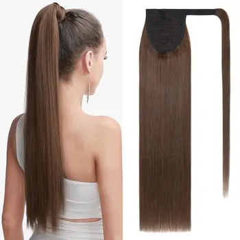 Long Straight Ponytail Wrap Around Clip in Hair Extensions Hairpiece #4 Medium Brown Brazil Human Hair Pony Tail 16-26Inch