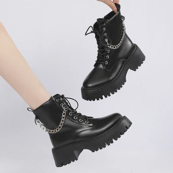Lucyever Chunky Platform Gothic Boots Women Punk Style Chain Thick Sole Ankle Booties Woman Lace Up Pu Leather Combat Boots 42