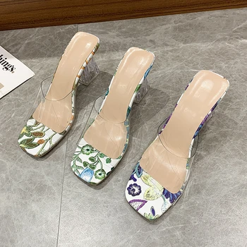 Marginto rašto sandalai Atviri kojų aukštakulniai Moteriškos skaidrios plexiglass šlepetės Kulnas Skaidrūs sandalai PVC laisvalaikio šlepetės