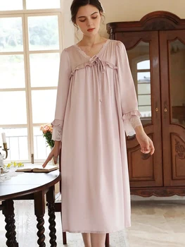 Marthaqiqi Elegantiški moteriški naktiniai marškiniai Seksualūs V formos kaklo miego drabužiai ilgomis rankovėmis pižama nėriniai Vidurio blauzdos suknelė Laisvalaikio namų drabužiai moterims
