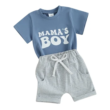 Mažylio berniuko vasaros apranga Naujagimio berniuko drabužiai Marškinėliai trumpomis rankovėmis Viršus Tamprių laisvalaikio valcuotų šortų komplektas