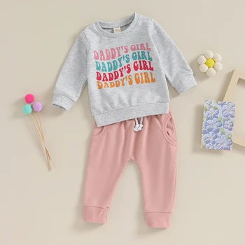 Mažylių mergaičių 2 dalių apranga Laiškų spausdinimas Marškiniai ilgomis rankovėmis ir kelnės Komplektas Baby Cute Fall Drabužiai