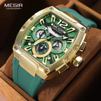 MEGIR Fashion Sport Quartz laikrodis vyrams Vandeniui atsparus auksinis žalias silikoninis dirželis Chronograph rankinis laikrodis su datulėmis Šviečiančiomis rankomis