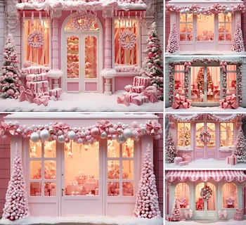 Mehofond fotografijos fonas Žiemos Kalėdos Saldžios rožinės parduotuvės Sniegas Kalėdų eglutė Vaikai Šeimos portretas Dekoras Fonas Foto studija