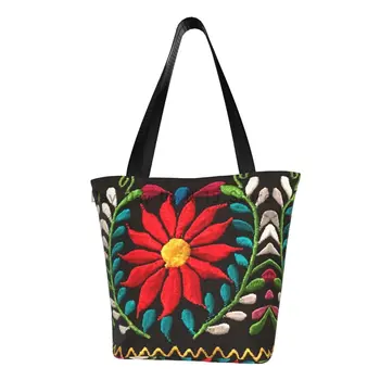 Meksikos ispanų siuvinėjimo gėlės Tote pirkinių krepšiai Perdirbimas Drobė Pečių pirkėjas Tradicinės tekstilės gėlės Rankinė