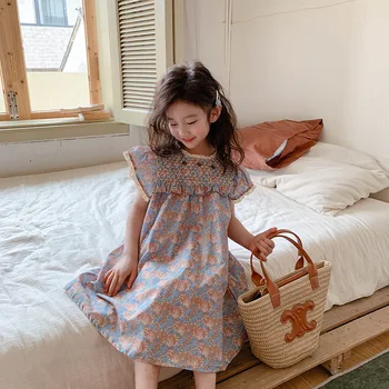 Merginos Laisvalaikio suknelės Paprasta mada Saldus korėjietiškas naujas vasaros stilius Vintažinis plisuotas pledas Spausdinti Universalūs vaikiški drabužiai
