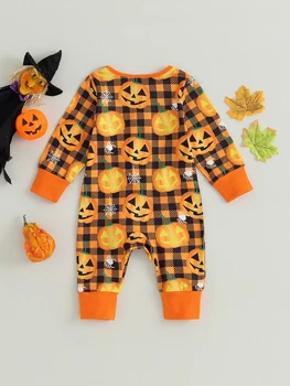 Mielas Helovino kostiumas kūdikio vaiduoklio atspaudo romperiui su gobtuvu ilgomis rankovėmis ir užtrauktuku - žavinga rudens apranga
