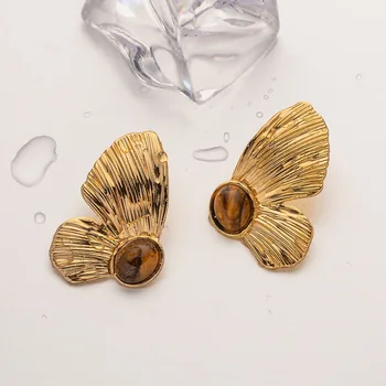 Minar Fairy 18K Gold PVD padengtas nerūdijantis plienas nejuodinantis natūralus akmuo Tigereye drugelio sparnai Kabantys auskarai moterims