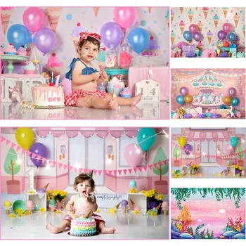 Mocsicka Girl Pink Cake Smash Photography Fonai Vaikai Vaikai 1-asis gimtadienis Portretas Fotografijos studija Nuotraukų fonai