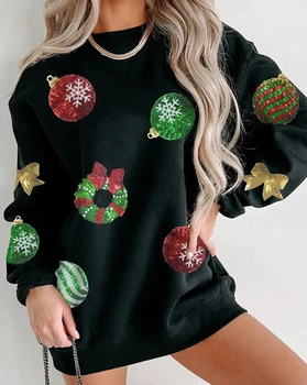 Moteriškas megztinis 2023 m. ruduo Naujas kalėdinis vainikas Peteliškės raštas Kontrastinis blizgučių džemperis Kasdieniai 