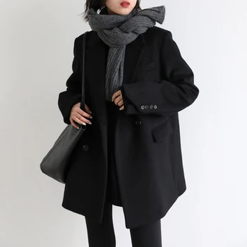 Moteriškas vilnos mišinio paltas Kietas vidutinio ilgio vilnonis švarkas stora šilta palaidinė Moteriškas paltas Ofisas Lady Tops Ruduo Žiema