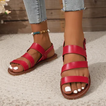 Moteriški batai 2023 Vasaros karštas išpardavimas Sagtis Apvalus pirštas Atviras pirštas Neslidūs plokšti paplūdimio batai Vienspalviai vaikščiojimas lauke Romėniškos basutės