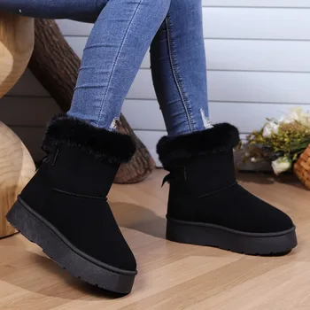 Moteriški kailiniai šilti kulkšnies batai Zomšiniai lanko platformos batai 2023 Žiema Nauji dizainerių butai Trumpas pliušinis Chelsea sniego batai Femme Botas