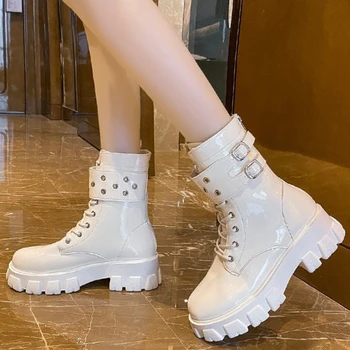 Moteriški platforminiai batai 2023 Rudens nauji suvarstomi plius dydžio stambūs kulniukai Kulkšnies aulinukai moterims Fashion Casual Ladies Mid Blauzdos batai