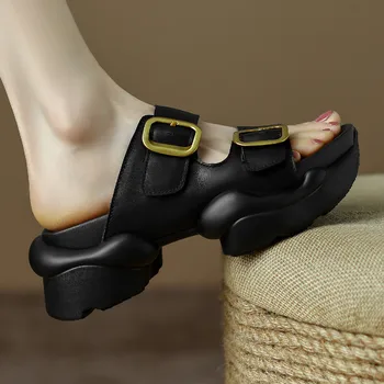 Moteriškos natūralios odos dvigubo metalo diržo juosta stora pado platforma plokščios šlepetės atviro piršto laisvalaikio moteriški vasariniai batai