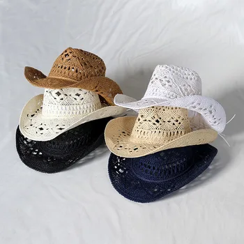 Moterys ir vyrai Pyninės kaubojiškos skrybėlės Pavasario ir vasaros šiaudinės kepurės 56-58cm tuščiaviduriai raižyti dizaino reguliuojami kraštai Vakarietiška vientisa spalva