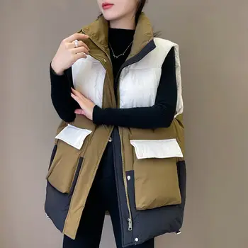 Moterys Laisvas šiltas Medvilninė liemenė Paltas Patchwork Spalva Vintage Fashion Korėjietiška striukė Winter Lady Casual Sustorėjęs paltas be rankovių