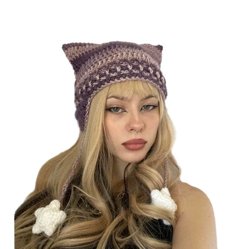 Moterys Mielos katės ausų pupelės Žiema Šiltas megztas katinas Sklendės kepurė Grunge Gotų pupelės nėrimas Beanie lauko pramogoms