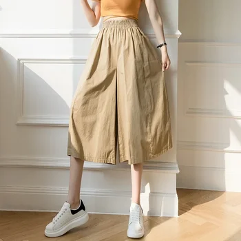 Moterys Pavasario vasaros mados kišeninės plačiakojės kelnės 2021 Laisvalaikio elastingos kelnės aukštu juosmeniu Moteriškos japoniško stiliaus moteriškos moteriškos kelnės