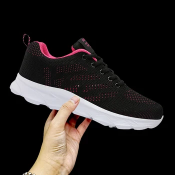 Moterų laisvalaikio batai Kvėpuojantis vaikščiojimo tinklelis Suvarstomi plokšti batai Sportbačiai Moterys Tenis Feminino rožinė