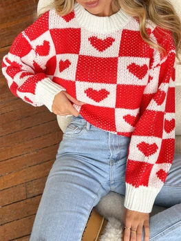 Moterų širdies atspaudo megztinis Valentino dienos megztiniai ilgomis rankovėmis apvaliu kaklu megzta palaidinė laisvalaikio laisvalaikio megztiniai