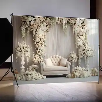 MĖNULIS. QG fonas Vestuvių užuolaidos Girlianda fotosesijai Fonas Baltos gėlių gėlės Drapping audinys Užuolaida Sofa Fotografavimo rekvizitas