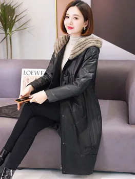 Natūrali oda moteriška vidutinio ilgio žiema naujas užsienietiško stiliaus austas audinės kailio apykaklė avių odinė striukė