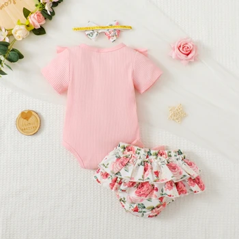 Naujagimio kūdikio mergaitės drabužiai Mamas Girl 3PC vasaros aprangos komplektas Ruffle Romper trumpomis rankovėmis Romper gėlių šortai Galvos juosta