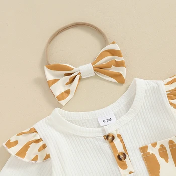 Naujagimis Baby Girl Vasariniai drabužiai Ruffle Trumpomis rankovėmis Briaunotas Romper Top Leopard šortai Galvos juosta 3Vnt Mielos aprangos komplektas