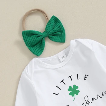 Naujagimė mergaitė St Patricks dienos apranga Little Lucky Charm Romper Green Ribbed Platred Pants Headband Set