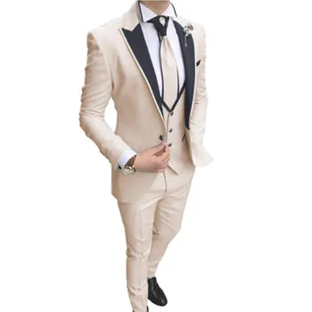 Naujas smėlio spalvos 3 dalių vyriškas kostiumas Prom Tuxedo Slim Fit Notch Lapel Groom Vestuviniai kostiumai vyrams Custom Blazer Terno Fashion Party Wear