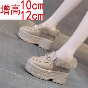 Naujas žiemos aukštis 10cm12cm PU plokšti moteriški batai moteriški laisvalaikio apvalaus piršto storio pado pleištinis kulnas įsispiriami moteriški batai