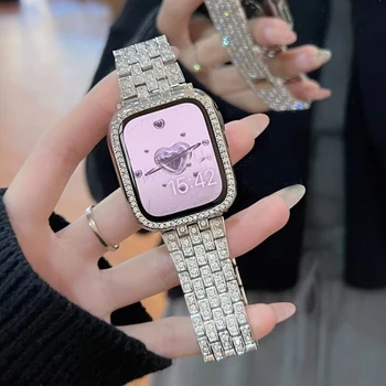Nerūdijančio plieno juosta, skirta Apple Watch Series 8 7 41 45mm Ultra 49mm iWatch 6 4 se 3 5 40 38 44 42MM Lady Shiny Diamond Dirželis