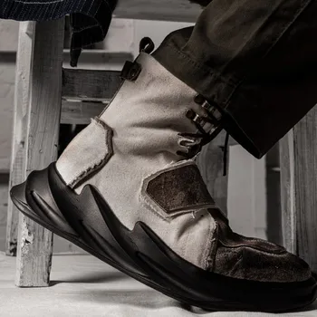 New Designer Mens Canvas Patchwork Natūralios odos kulkšnies batai Vintage High Top Sneakers Shoes Man Thick Platform Kariniai batai