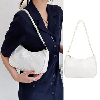 New Trend Vintage Women Shoulder Bag Nėrinių žakardas Vienspalvis pažastų krepšys Perlų grandinėlės rankinė Moteriška mados kelioninė krepšys