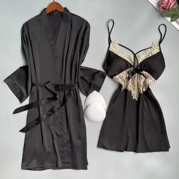 New Women Twinset Chalate Set Summer Female Lace Satin Kimono Bathrobe Suit Nightgown Sleepwear Nightwear Lounge Wear