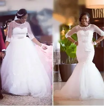 Nėriniai plius dydžio undinės suknelės su 3/4 ilgomis rankovėmis Afrikos vestuvių teismo traukinys Baltos tiulio nuotakos suknelės