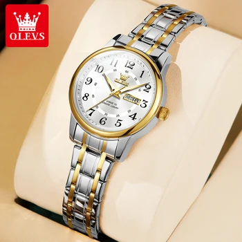 OLEVS Luxury Brand Fashion moteriški laikrodžiai Vandeniui atsparus šviečiantis kvarcinis laikrodis Dvigubas kalendorius Nerūdijančio plieno dirželių rankinių laikrodžių rinkinys