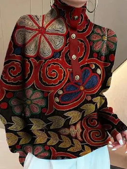 Onecozyday gėlių marginti megztiniai moterims Ruduo ir žiema Vintažinis elegantiškas megztinis aukštomis kaklu ilgomis rankovėmis Sagomis užsegamas megztinis