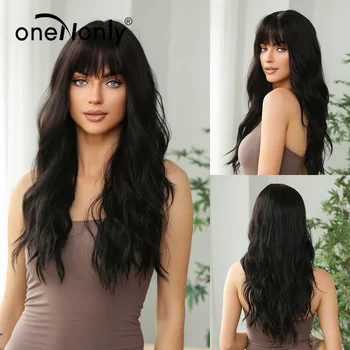 oneNe tik ilgas juodas perukas su kirpčiukais Banga Sintetiniai perukai moterims Vakarėlis Cosplay Natūralūs karščiui atsparūs plaukai