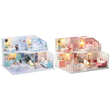 pasidaryk pats 3D medinių lėlių namelių miniatiūrinių lėlių namelių rinkinys baldų komplektas su LED žaislais vaikams