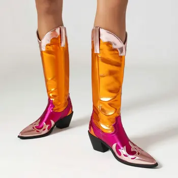 Patchwork Orange Pink Patent Leather Pointed Toe Shiny Western Women Shoes Big Size 45 46 Pointed Toe Chunky Heels Cowboy Boots