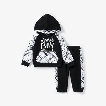 PatPat 2vnt Baby Boy Letter Print Sujungtas ilgomis rankovėmis džemperis su gobtuvu ir sportinių kelnių komplektas