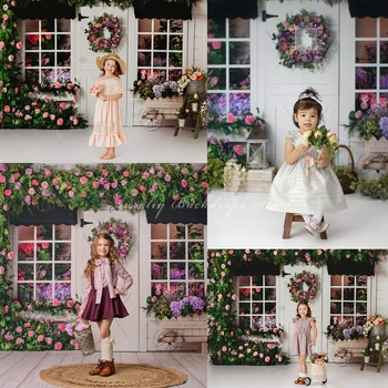 Pavasario medinės durys Gėlių krepšelio fonas Vaikų kūdikių fotografijos rekvizitai Vaikų suaugusiųjų fotoskambučių rekvizitai Gėlių parduotuvės fonas