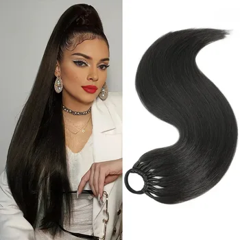 Perukas ponytail ilgis 60CM tiesūs plaukai sintetiniai ponytail plaukų priauginimas aukštos temperatūros šilkas moteriškas ponytail netikras pynė