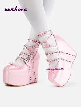 Pink Sweet Platform Ballet Heels Wedges Ankle Buckle Strap Pumps Satin Butterfly-Knot Solid Women's Pumps 2023 Nauji prabangūs batai