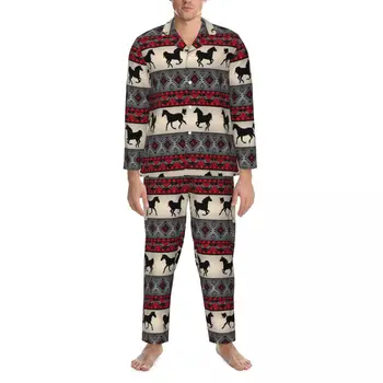 Pižama Vyriškas raudonas gentinis arklys Miego miego drabužiai Retro Print Dviejų dalių laisvalaikio pižamos rinkinys ilgomis rankovėmis Šiltas oversized namų kostiumas